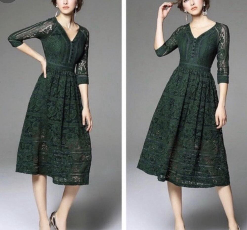 Metisu green V-neck hollow out lace dress Sz XS Bohemian A008558